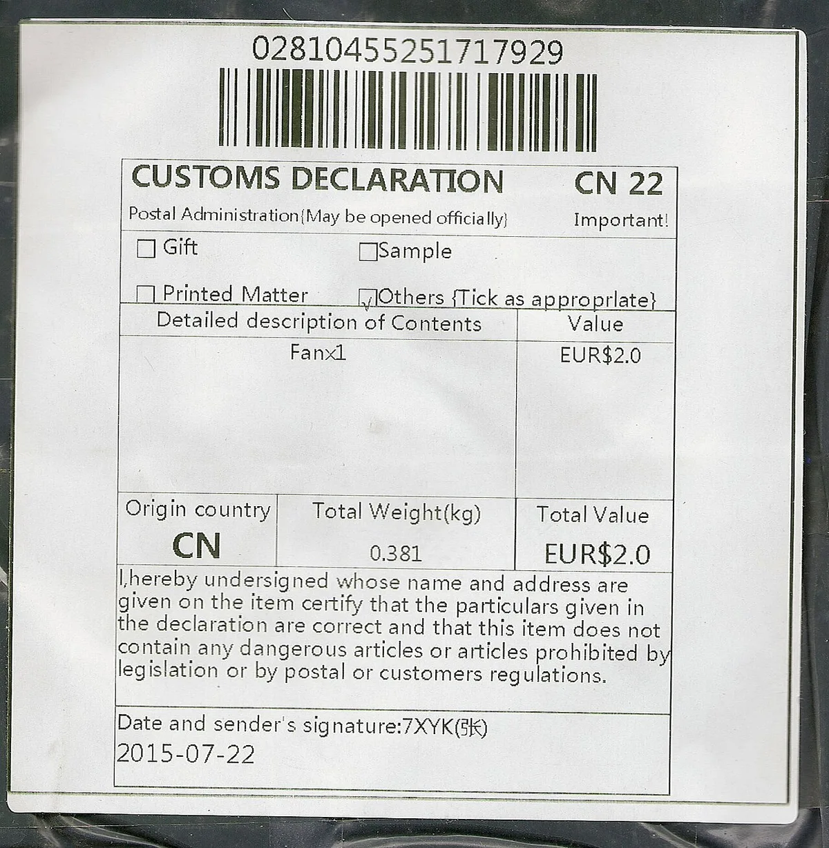 customs declaration parcel
